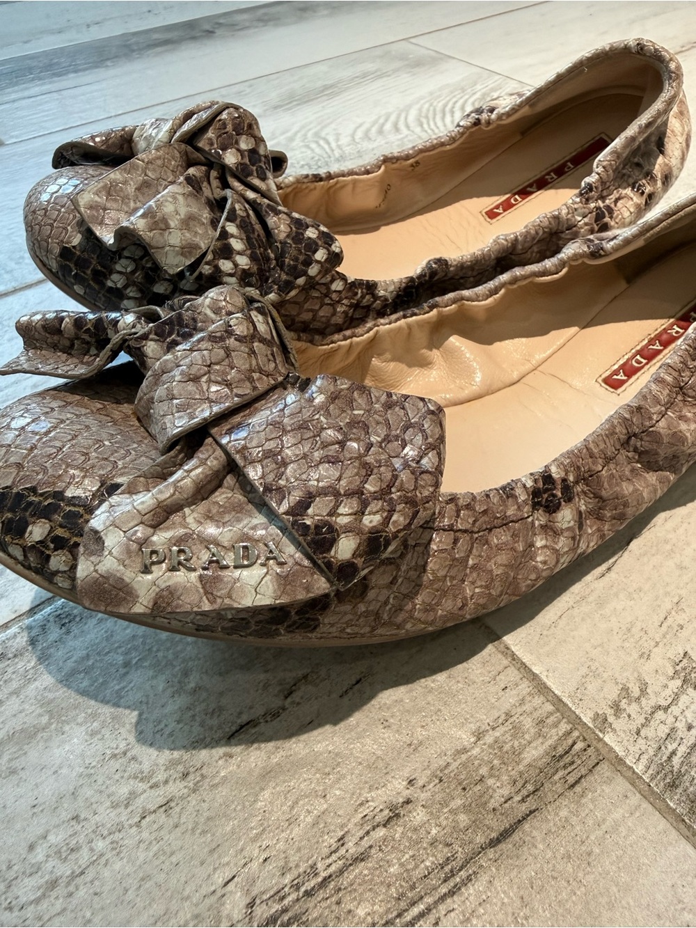 Prada Brown Beige Snakeskin Bow Ballet Flats